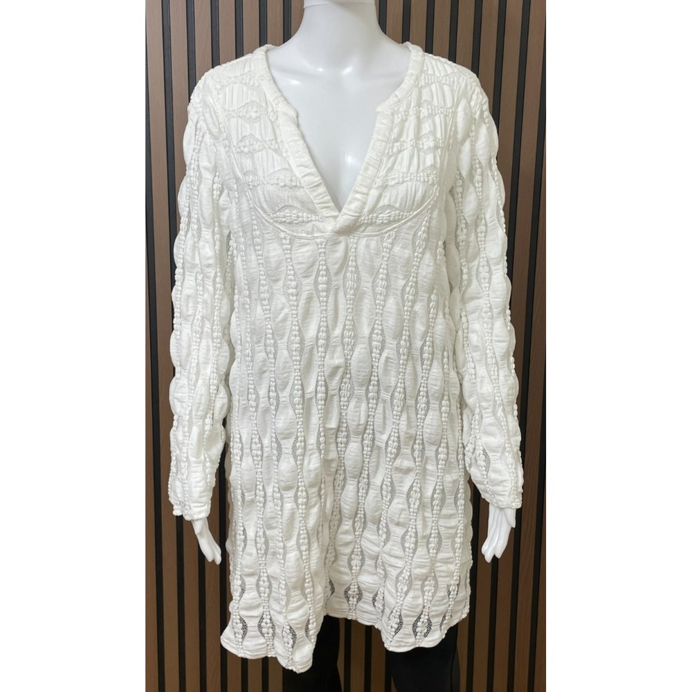 Soft Surroundings Cream Textured V‑Neck Mini Dress